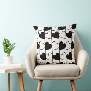 Black and White Hearts Stripes Pattern Cushion