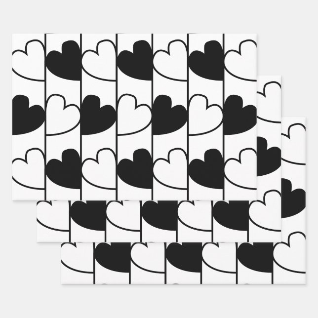 Black and White Hearts Stripes  Wrapping Paper Sheet (Set)