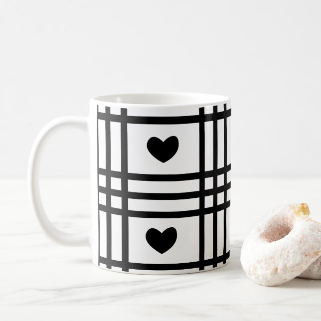 Black and White Hearts Valentines Day  Coffee Mug (With Donut)
