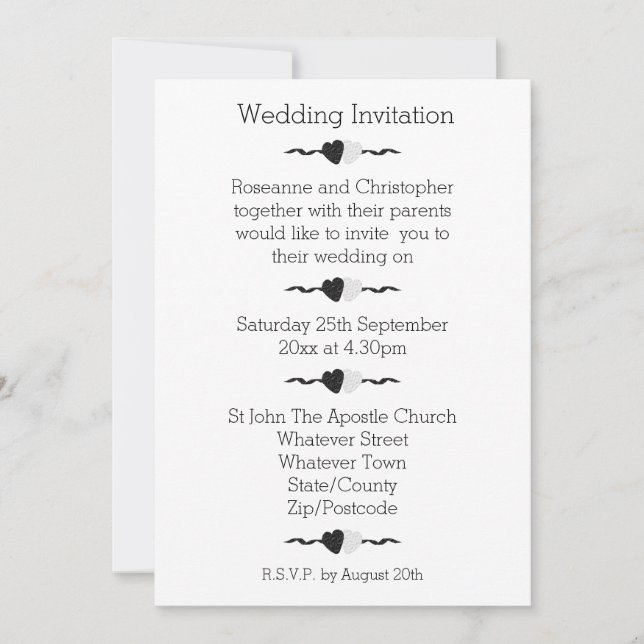 Black And White Hearts Wedding Invitation (Front)