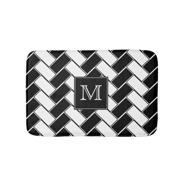 Black and White Herringbone Monogrammed Bath Mat (Front)