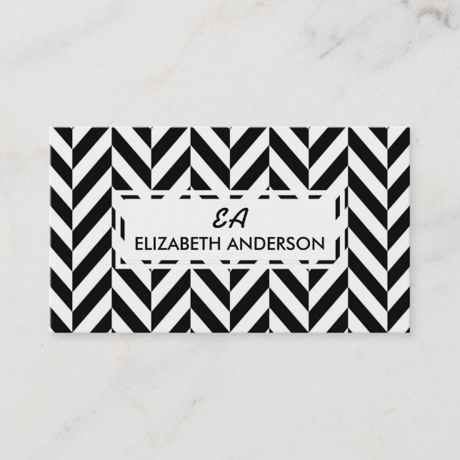 Black and White Herringbone Pattern Business Cards (Front)