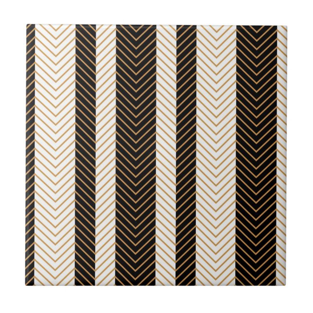 Black and White Herringbone Pattern Ceramic Tile (Front)