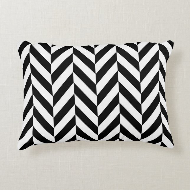 Black and White Herringbone Pattern Decorative Cushion (Front)