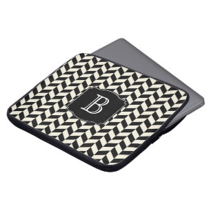 Black and White Herringbone Pattern with Monogram Laptop Sleeve