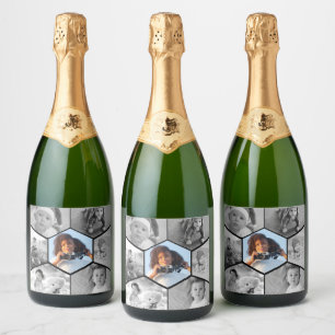 Black and White Hexagon Photo Collage Sparkling Wine Label