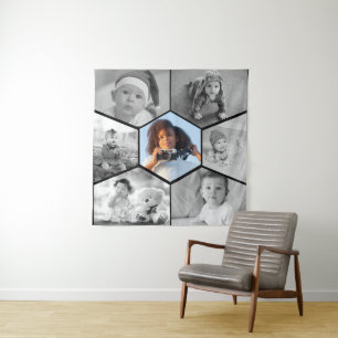 Black and White Hexagon Photo Collage Tapestry