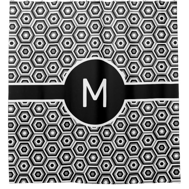 Black and White Hexagons with Monogram Geometric Shower Curtain (Front)