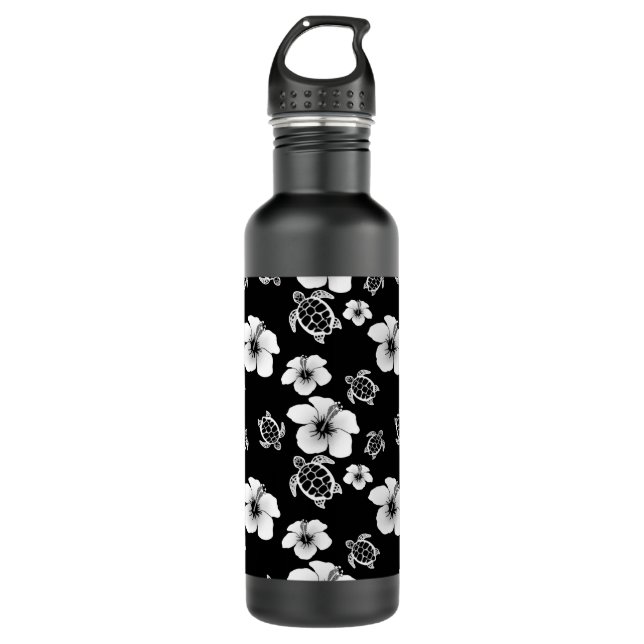 Black And White Hibiscus Honu Hawaiian Pattern 710 Ml Water Bottle (Front)