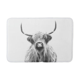 Black and white highland cow animal portrait bath mat