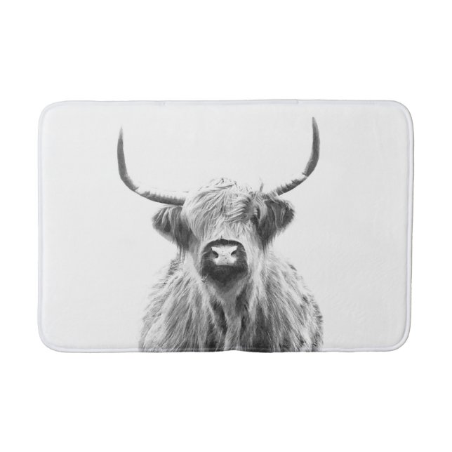 Black and white highland cow animal portrait bath mat (Front)