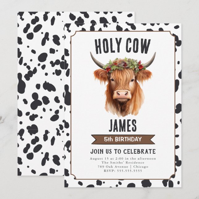 Black and White Highland Cow Birthday Party Invitation (Front/Back)