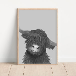 Black and White Highland Cow Illustration Poster