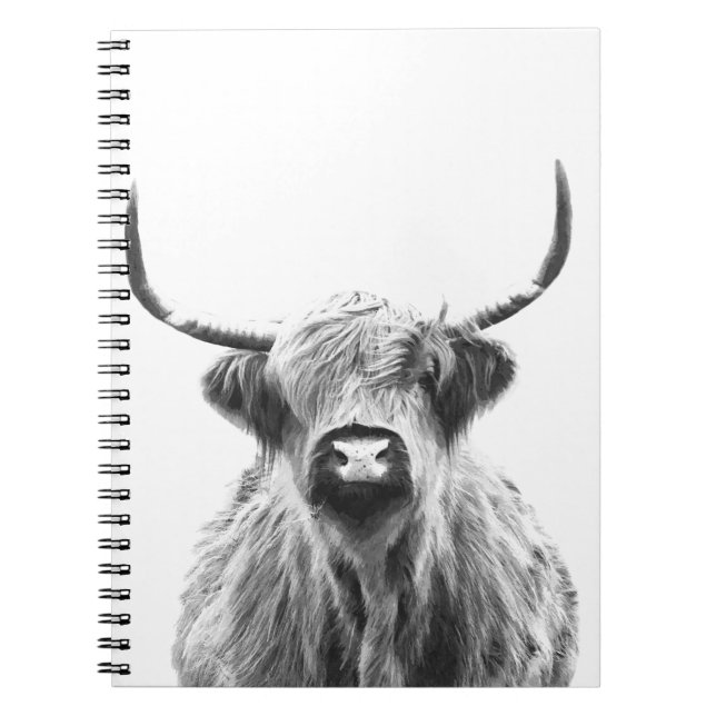 Black and White Highland Cow Portrait Notebook (Front)