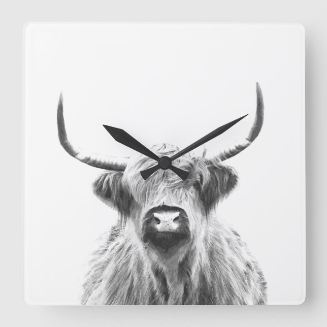 Black and white highland cow square wall clock (Front)