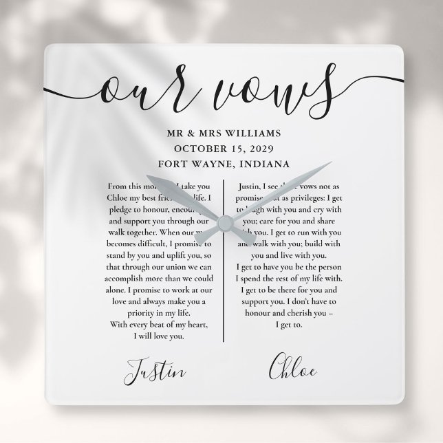 Black And White His And Hers Wedding Vows Square Wall Clock (Black And White His And Hers Wedding Vows Square Wall Clock)