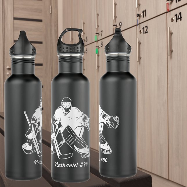 Black and White Hockey Goalie Monogram  710 Ml Water Bottle (Also available with skating player design. )