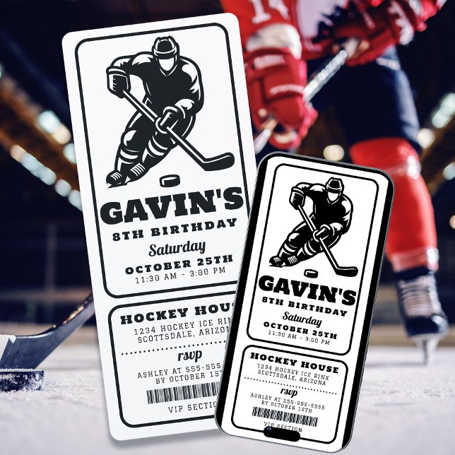Black and White Hockey Ticket Sport Birthday Party Invitation (Creator Uploaded)