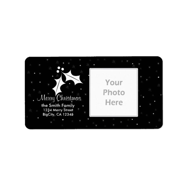 Black and White Holly and Stars Christmas Photo  Label (Front)