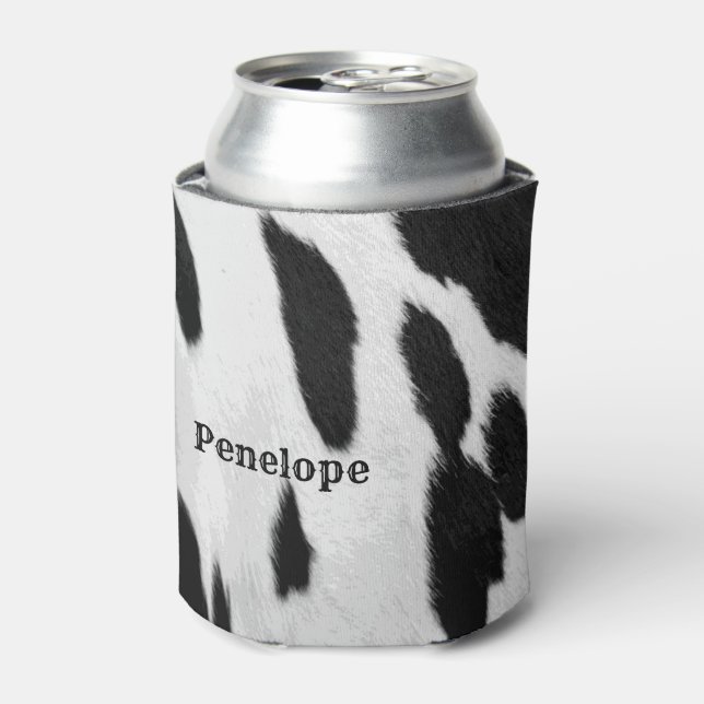Black and White Holstein Cowhide Look With Name  Can Cooler (Can Front)