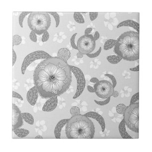Black and White Honu Sea Turtles Hibiscus Flowers Ceramic Tile