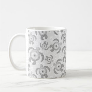 Black and White Honu Sea Turtles Hibiscus Flowers Coffee Mug