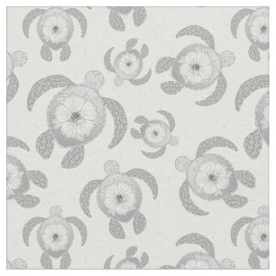 Black and White Honu Sea Turtles Hibiscus Flowers Fabric