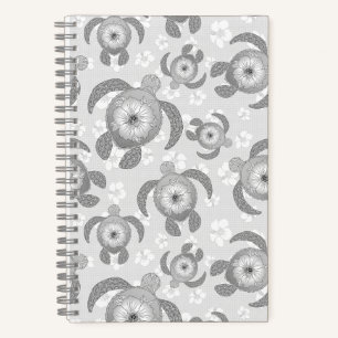 Black and White Honu Sea Turtles Hibiscus Flowers Notebook