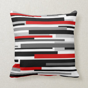Black and White Horizontal Lines with Red Accent Cushion