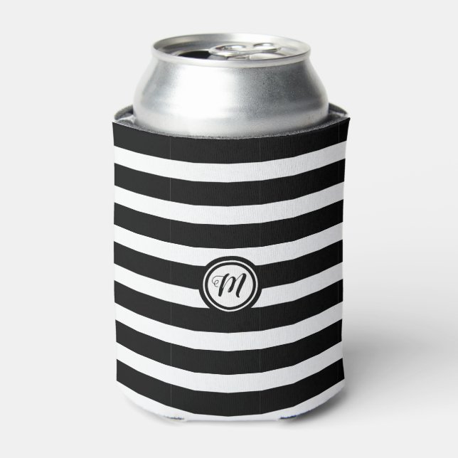  Black and White Horizontal Striped Monogram Can Cooler (Can Front)