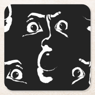 black and white horror face square paper coaster