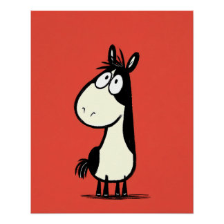 black and white horse - cartoon comic doodle style poster