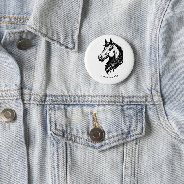 Black and white horse head illustration 6 cm round badge (In Situ)