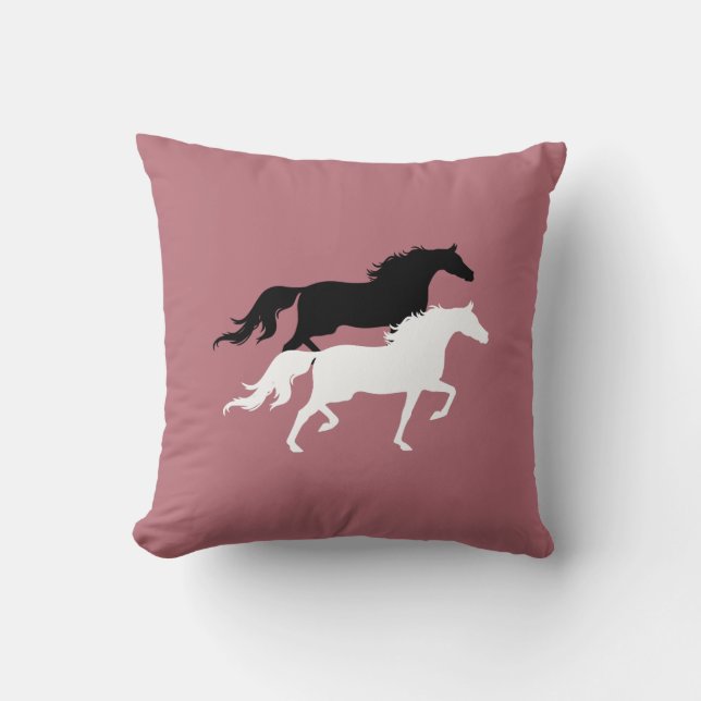 Black and white horse silhouettes on rose gold cushion (Front)