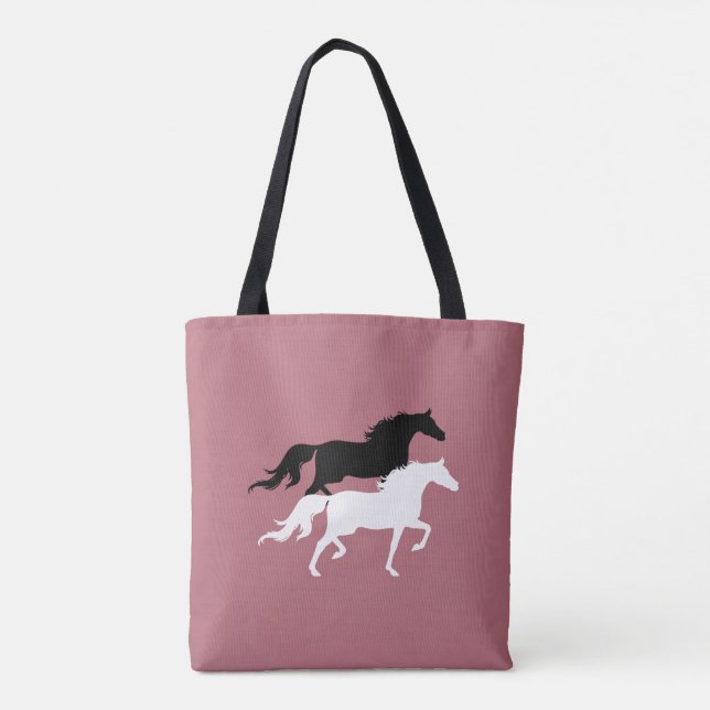 Black and white horse silhouettes on rose gold tote bag (Back)