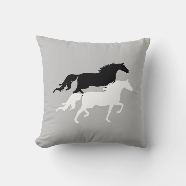 Black and white horse silhouettes on silver grey cushion (Front)
