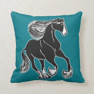 Black and White Horse Teal Pillow