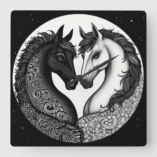 Black and white Horses Square Wall Clock (Front)