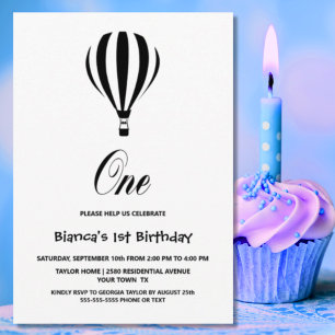 Black and White Hot Air Balloon 1st Birthday Party Invitation