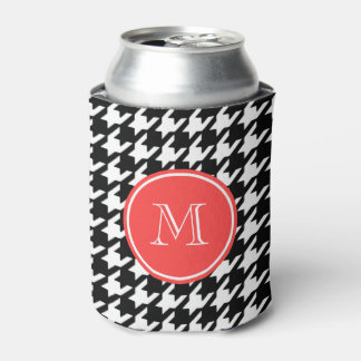 Black and White Houndstooth Coral Monogram Can Cooler