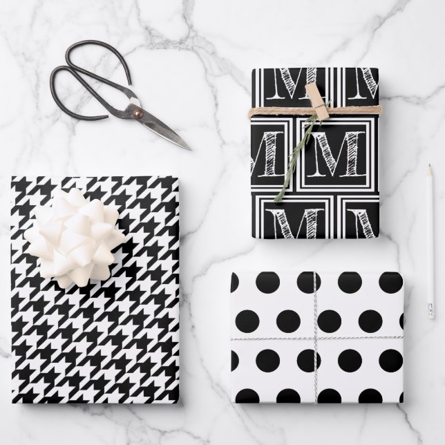 Black and White Houndstooth Monogram Polka Dot Wrapping Paper Sheet (Front)