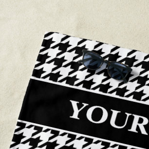 Black and white houndstooth pattern personalised beach towel