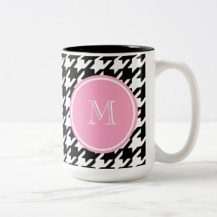 Black and White Houndstooth Pink Monogram Two-Tone Coffee Mug