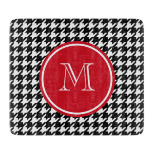 Black and White Houndstooth Red Monogram Cutting Board