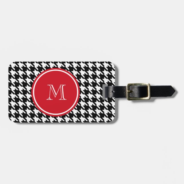 Black and White Houndstooth Red Monogram Luggage Tag (Front Horizontal)