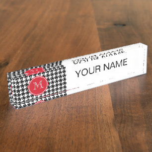 Black and White Houndstooth Red Monogram Nameplate