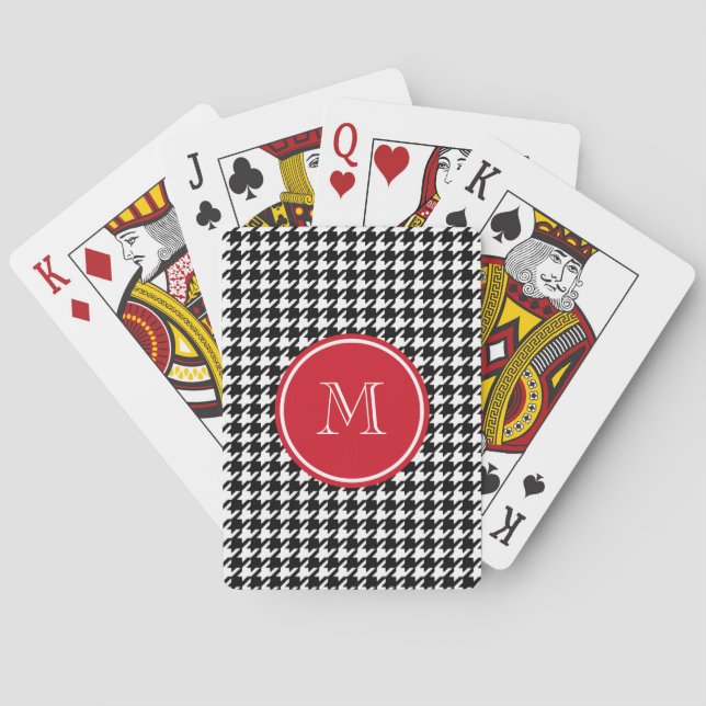 Black and White Houndstooth Red Monogram Playing Cards (Back)