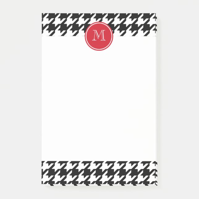 Black and White Houndstooth Red Monogram Post-it Notes (Front)