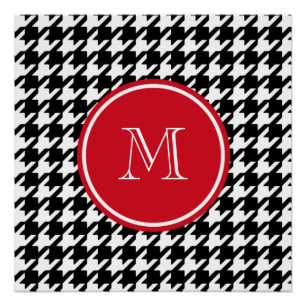 Black and White Houndstooth Red Monogram Poster