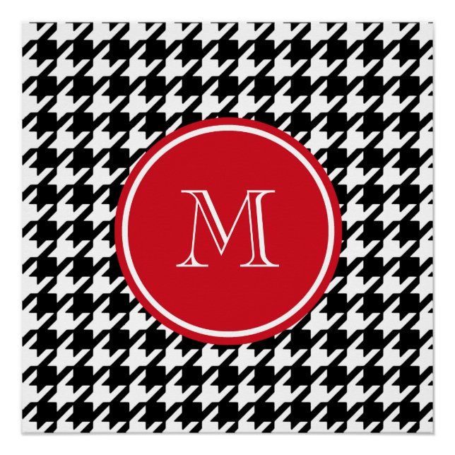 Black and White Houndstooth Red Monogram Poster (Front)
